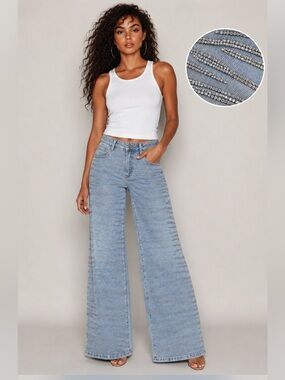 🆕#26~Nina Rossi Crystal Jeans - Small ($198.95 Retail) Wide Leg Embellished